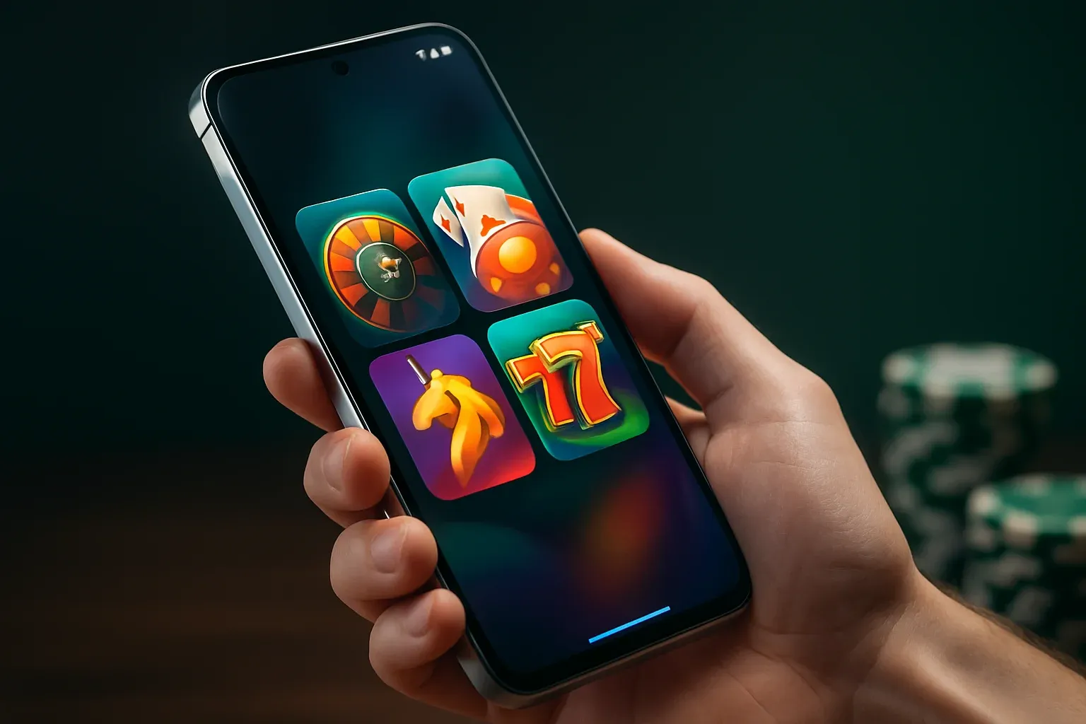 Flagship Android smartphone showing premium casino app interface in dramatic lighting
