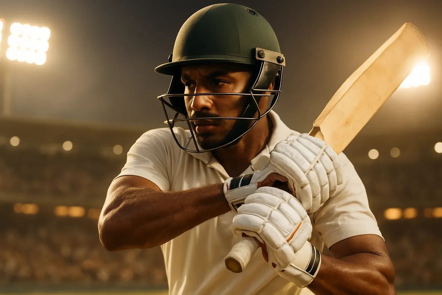 Hyperrealistic close-up of Bangladeshi cricket batsman mid-swing under stadium floodlights