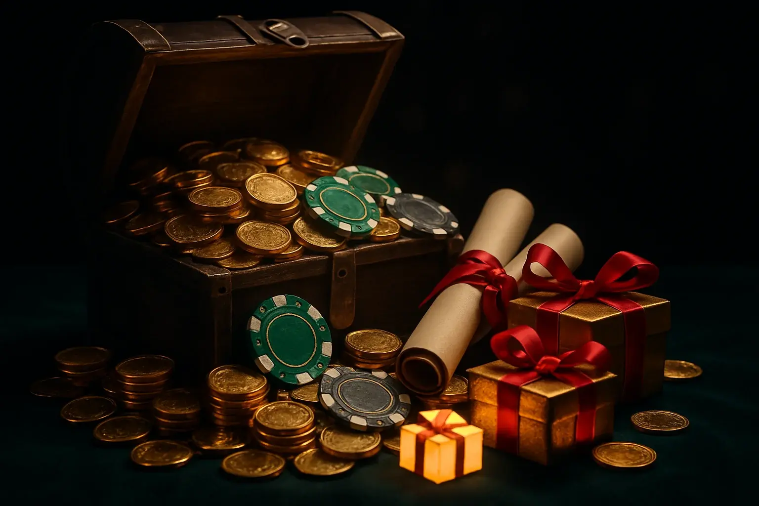 Overflowing treasure chest with gold coins, casino chips, bonus vouchers, gift boxes