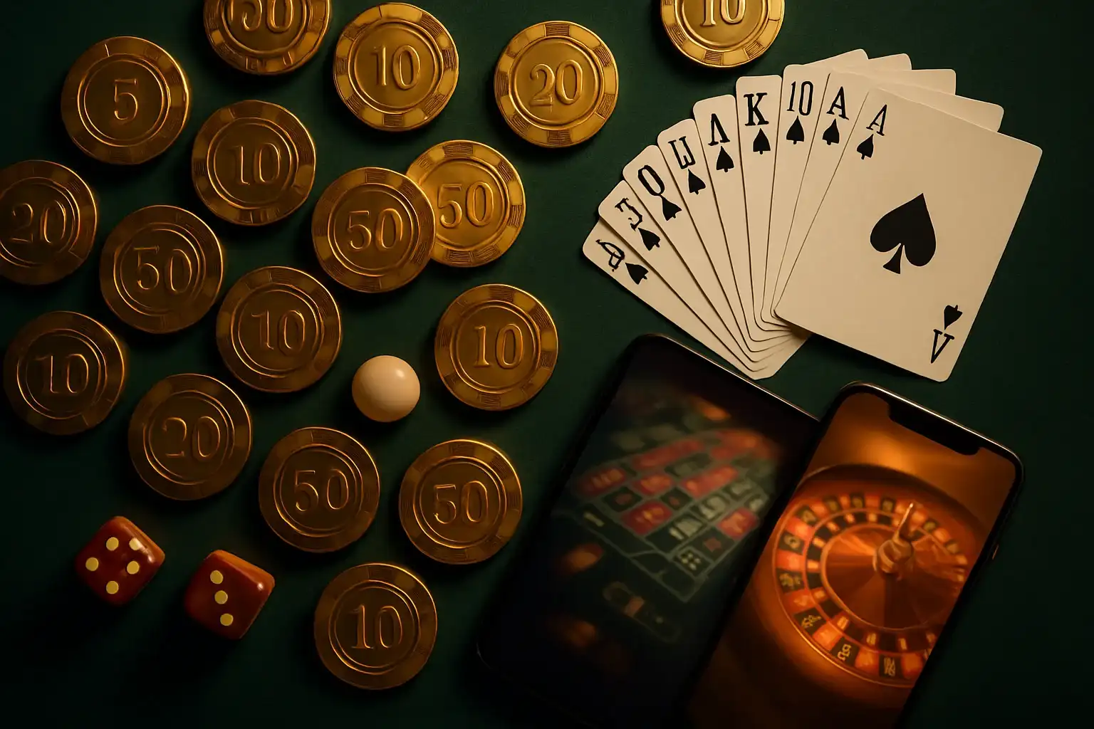 Top-down casino table with golden chips, cards, dice, roulette ball, smartphone