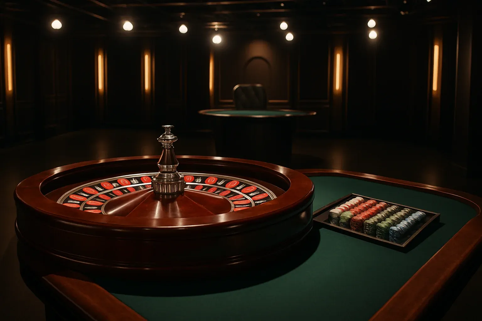 Hyperrealistic wide shot of empty roulette table in premium live casino studio