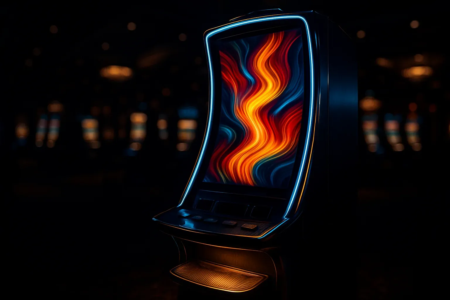 Hyperrealistic wide shot of premium slot machine in dark luxury casino